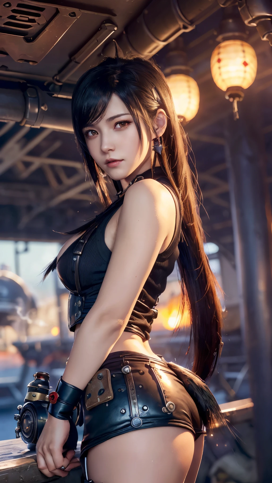 Tifa Lockhart, mksks style, (Highly detailed background:1.3), Final Fantasy VII Remake, (Red eyes), One girl, Black Hair, (Japanese idle:1.6), (Tifa Lockhart style:1.4), (sundown Seashore:1.5), (Steam punk:1.3),(spark:1.3)