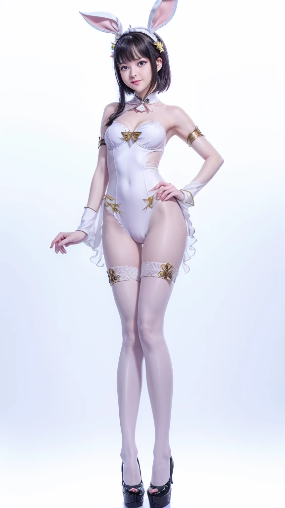 White gradient background (1 girl, Full body :1.7) ( detailed blue eyes), 1个small Breast Girl,anatomy correct,Rabbit-shaped headdress,short detailed hair, smile, one-piece swimsuit, pantyhose, detailed strappy sandals heels, perfectly proportions,extremely detailed face, (Best quality at best, high detal, tmasterpiece, offcial art, movie light effect, 4K
