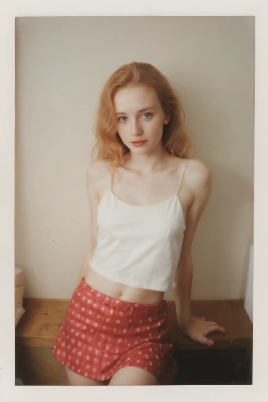  Irish), (swiss) and (Czech), 19 year old pale skin, voluminous strawberry blonde hair ,beauty, beautiful girl, thin, skinny, small breasts ,polaroid 600 instant camera, ((candid shots)), ((candid pictures)), small mini skirt, tanktop