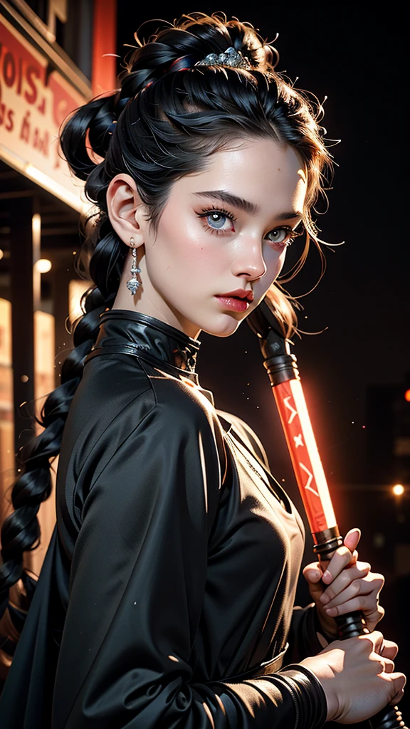 close up ((diamondly beautiful eyed girl)) with braids holds a weapon in his hand on a black background, red glowing eyes, holy cyborg necromancer girl, holds a weapon in his hand, Sci-Fi Helmet, cyber mask, brian sum, goddess of war, blue cyborg, balaskas, blink , highest quality, masterpiece, ultra-detailed, dof, artistic lighting, highest quality, masterpiece, ultra-detailed, dof, rimlight