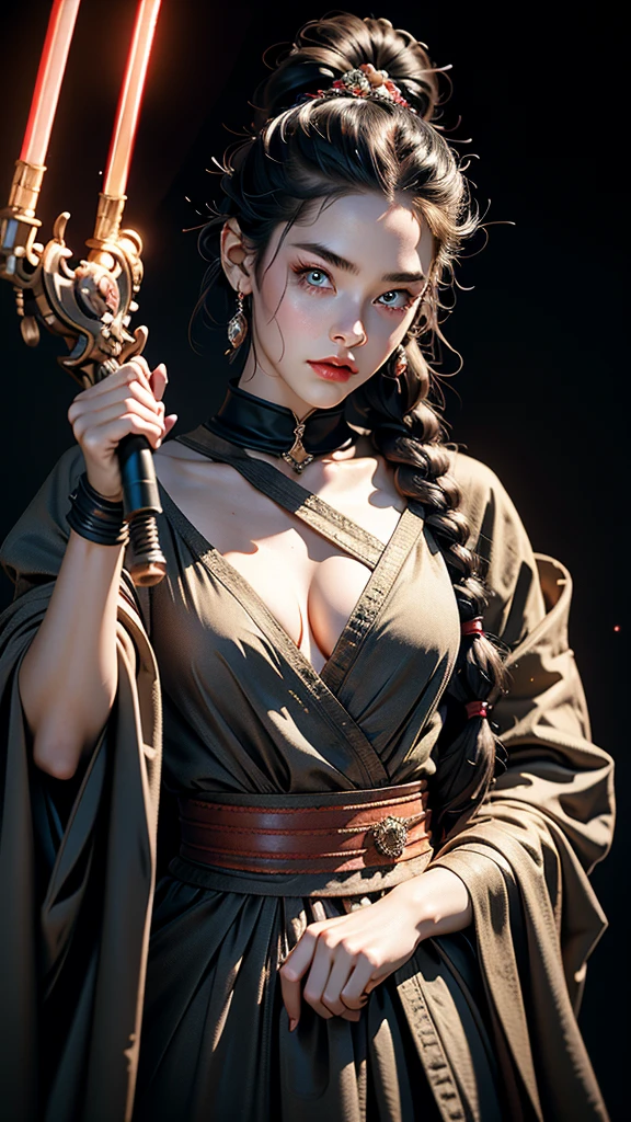 close up ((diamondly beautiful eyed girl)) with braids holds a weapon in his hand on a black background, red glowing eyes, holy cyborg necromancer girl, holds a weapon in his hand, Sci-Fi Helmet, cyber mask, brian sum, goddess of war, blue cyborg, balaskas, blink , highest quality, masterpiece, ultra-detailed, dof, artistic lighting, highest quality, masterpiece, ultra-detailed, dof, rimlight