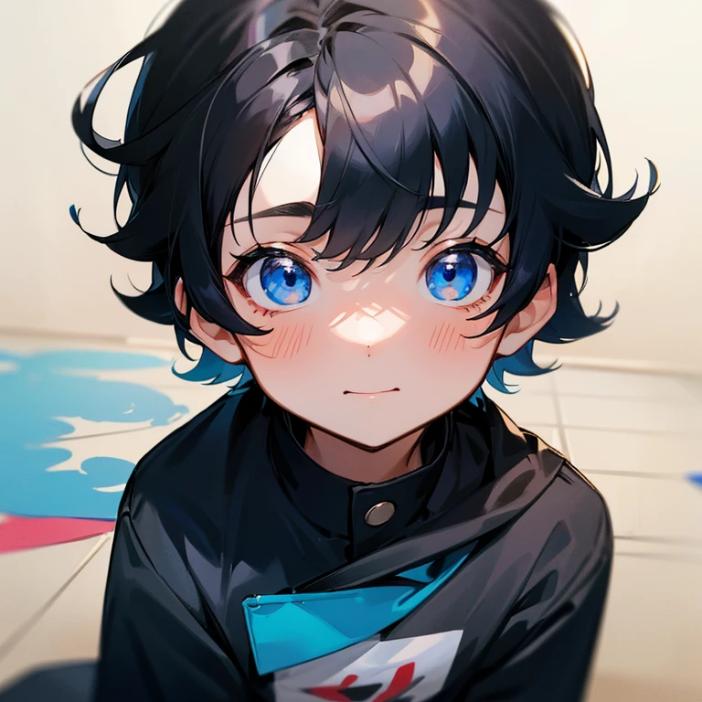 a cute 5 year old male preschooler with black hair and blue eyes