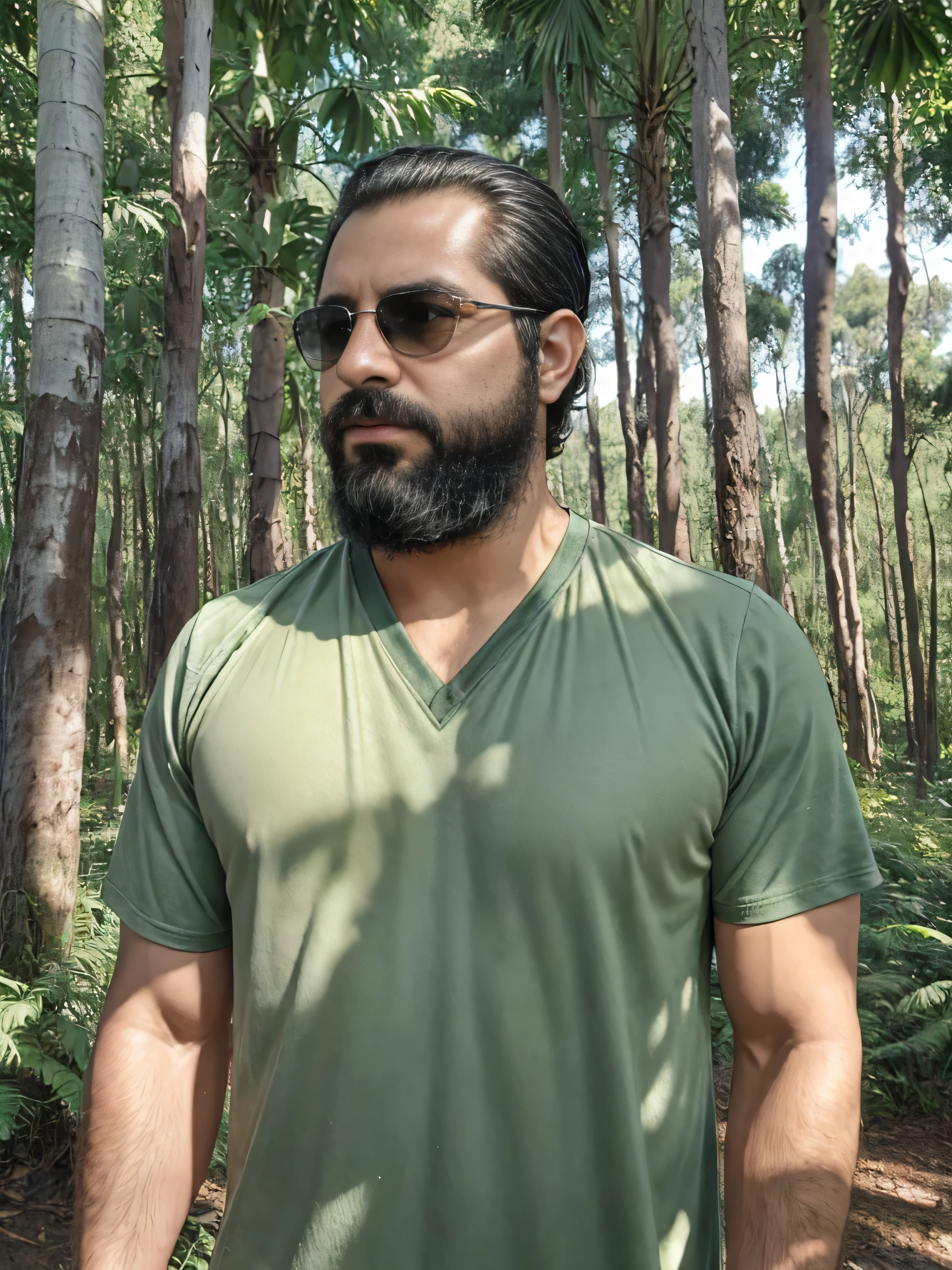 Create an ultra-detailed digital art image showing a very masculine 38-year-old man with a beard and dark sunglasses.. Se muestra en un plano medio., mostrando la parte superior de su cuerpo. The setting is a serene and mystical forest at dawn., with soft sunlight filtering through the trees. Lleva un robusto, chaqueta verde oscuro sobre una camisa ajustada, blending with the natural environment. The forest is full of lush vegetation., luz moteada, and an ethereal mist that adds a touch of magic to the scene.. His expression is calm and contemplative.., encajando perfectamente en el ambiente tranquilo. La imagen debe ser rica en detalles, capturando la textura de su ropa, el reflejo en sus gafas de sol, y la serena belleza del bosque.