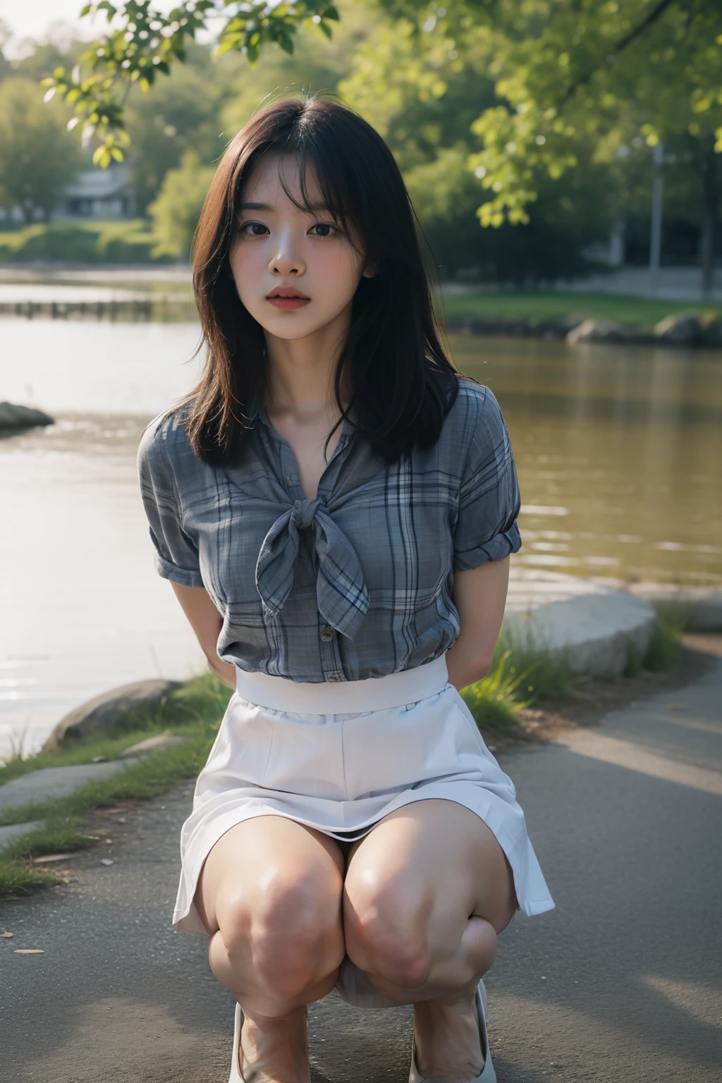 8k, Raw photo, highest quality, masterpiece:1.2), masterpiece, highest quality, figure, Very detailed, Fine details, High resolution, 8k,wallpaper, Perfect dynamic composition,(Detailed high quality, Realistic depiction of eyes:1.3)、A woman who has been and has her hands tied、Arms wrapped around his back, hands tie behind back, Crouching by the beautiful lake、 With legs wide open、Tartan plaid pleated skirt、whole body、White panties、The whole thing faces forward、21talent、Beauty、Well-formed face、Make your eyes even、Beautiful black hair、Has bangedium build、Well-balanced proportions、Beautiful legs、Blue Short Sleeve Blouse、Fresh face、Beautiful scenery、