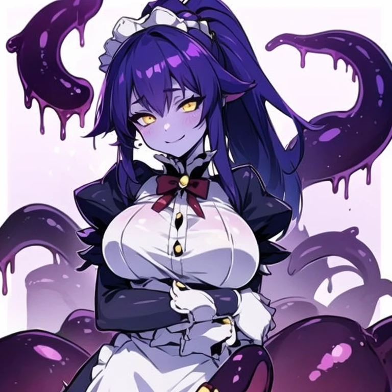 Masterpiece, best quality, expressive eyes, perfect face, 1girl, solo, monster girl, colored skin, maid headdress, maid, yellow eyes, purple hair, slime girl, breasts, smile, ponytail, bedroom background, long hair, looking at viewer, room background, smile, apron,sh0ggoth, 