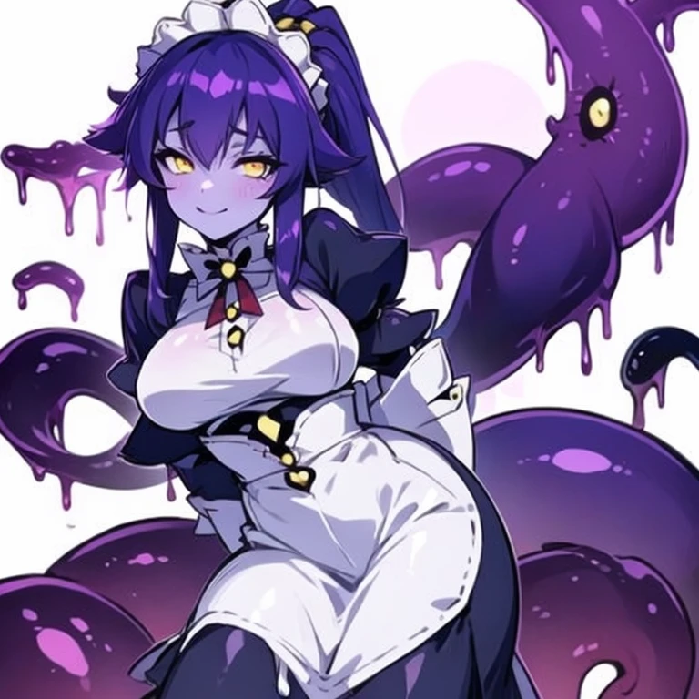 Masterpiece, best quality, expressive eyes, perfect face, 1girl, solo, monster girl, colored skin, maid headdress, maid, yellow eyes, purple hair, slime girl, breasts, smile, ponytail, bedroom background, long hair, looking at viewer, room background, smile, apron,sh0ggoth, 