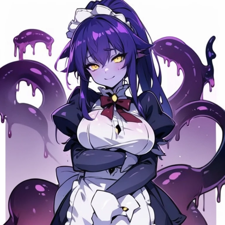 Masterpiece, best quality, expressive eyes, perfect face, 1girl, solo, monster girl, colored skin, maid headdress, maid, yellow eyes, purple hair, slime girl, breasts, smile, ponytail, bedroom background, long hair, looking at viewer, room background, smile, apron,sh0ggoth, 