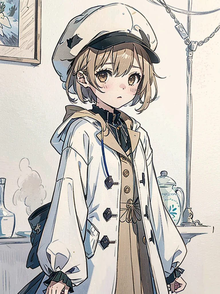 Detective、One girl、highest quality、VTuber - whole body、Milky white short hair、masterpiece、Official Art、The best configuration、Long straight hair with milky white top and blue tips、Sherlock Holmes costumes、Brown and dark brown checked newsboy hat、poncho、Brown spring coat、、magnifying glass、Detective、Pocket watch hanging around neck、Stand in front of the audience、Simple Background、