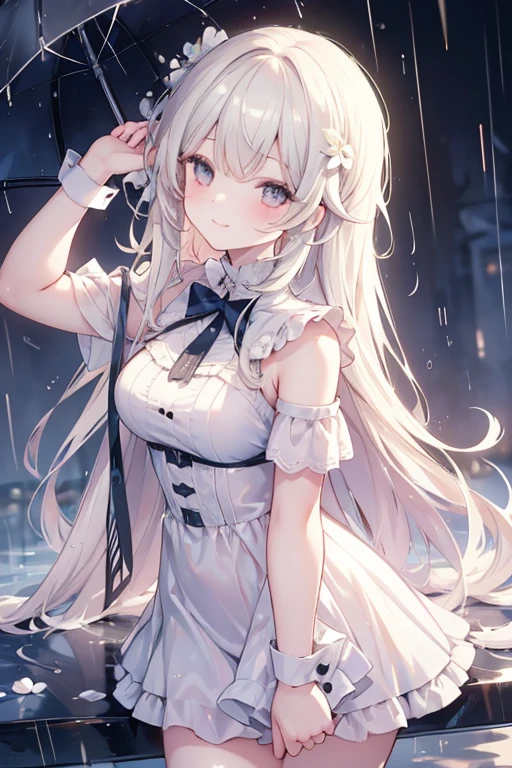 Masterpiece, best quality, 1girl,rain, messy hair, smile