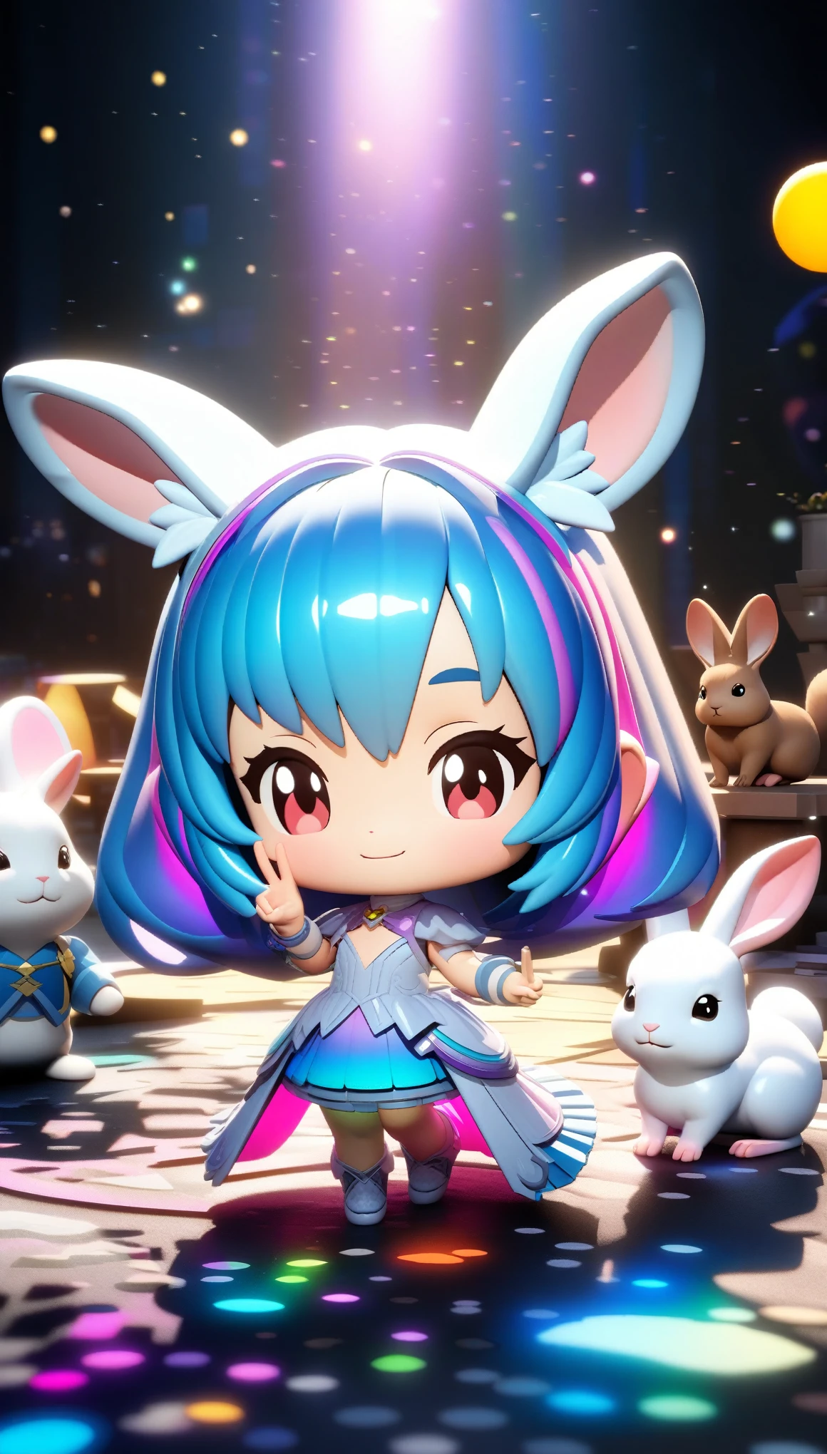 (White-eared long-eared rabbit, chibi rabbit), a girl with long blue hair and a chibi character,It is a sexy and cute costume in white and pink, Dark eyes, Adorable Digital Painting, cute detailed digital art, the squirrel king, Cute digital art, cute cartoon characters, cute character, (glance, wink, (V sign), Cute Creatures, Cutie, official illustrations, Official art, squirrel, maplestory mouse, astri lohne, cute 3d render,particles, Depth of field, wallpaper, high contrast, intricate details, volumetric lighting, (dynamic composition), highly detailed, colorful details, iridescent colors, (glowing lighting, atmospheric lighting), dreamy, magical, solo, lens flare, (colorful), Cinematic light, high-res, sharp focus, smooth, colorful light, particles, galaxy colors schemes