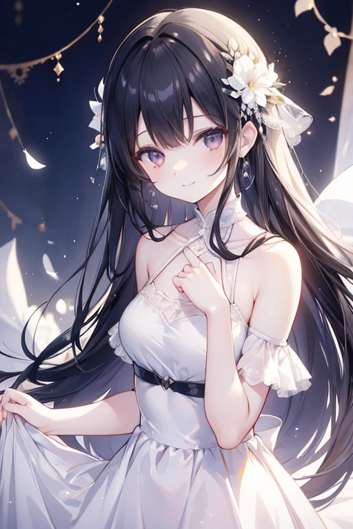 female pervert、A dark-haired、Long、White dress、Upper body only, smile