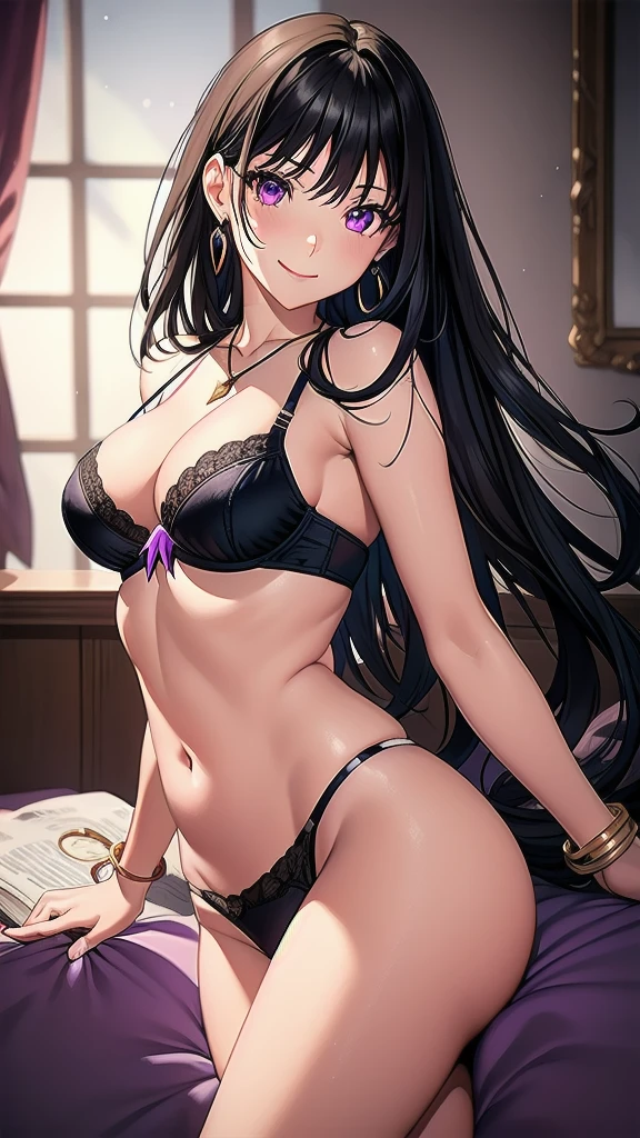 masterpiece, best quality, 1 solo girl, black hair, purple eyes, long hair, medium breasts, sexy body and face, wavy hair, smile, black bra, black panty, pendant, bracelet, jewelry, earrings, feather hair ornament, book, lying at the bed, night, sexy pose, cowboy shots, detailed body, face, and eyes, sharp focus, vibrant, creative, dynamic, high definition, high resolution, 8k, (Upscale: R-ESRGAN 4x+ Anime6mage enchance:4x), voluptuous body, cinema lightning, dakimakura style, looking at the viewer,