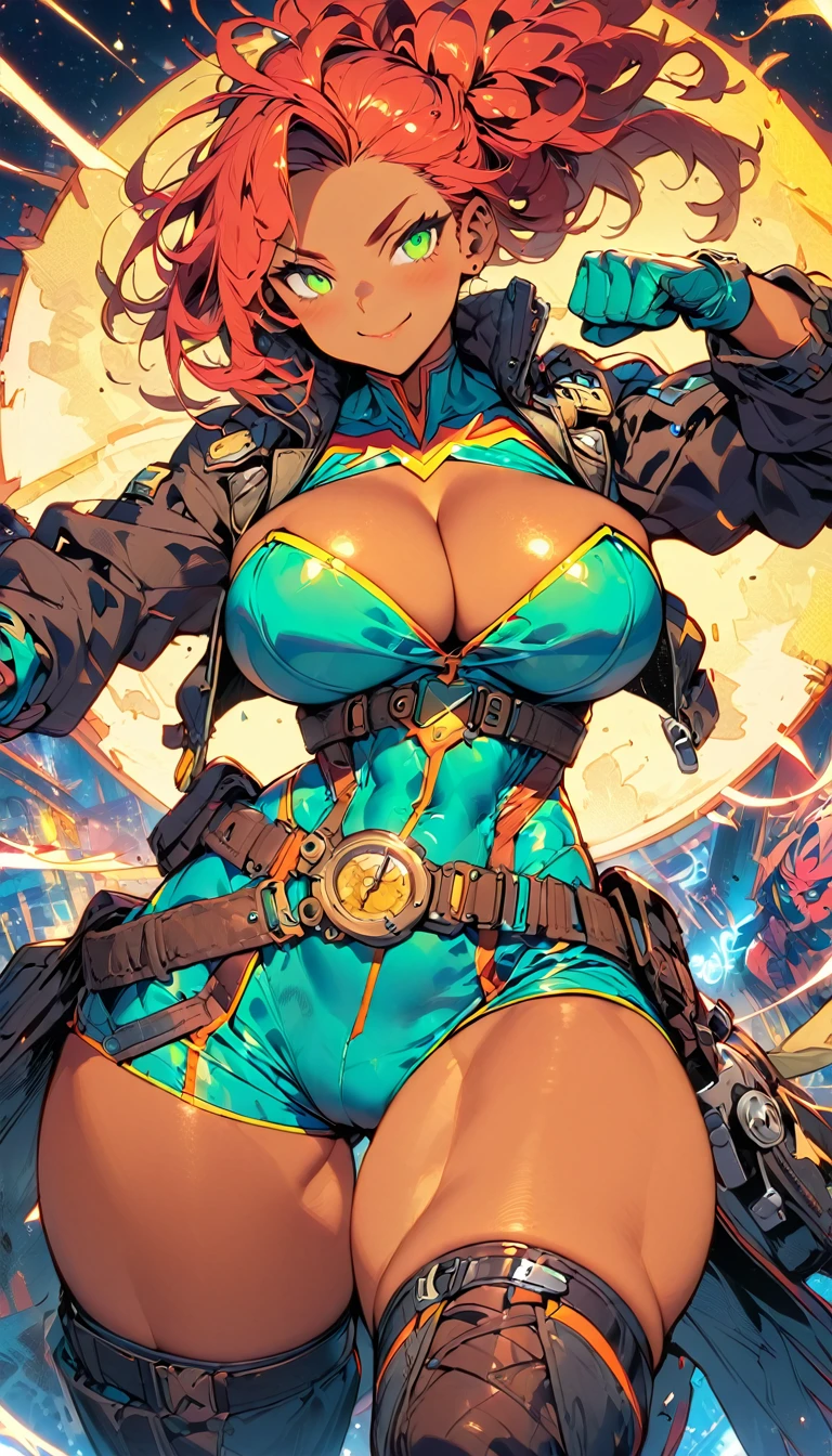 8k_wallpaper, extremely detailed eyes, extremely detailed body, (large masterpiece digital art), (detailed manga illustration), (detailed line art), ((perfect anatomy)), (intricate details:1.3), (ultra-detailed:1.3), (illustration:1.3), (sharp focus:1.3), (natural lighting:1.05), (vivid colors:1.3), (masterpiece), (best quality:1.4), (perfect anatomy:1.4), high quality, expressive eyes, full body, detailed face, beautiful face, perfect face, 1 girl, breasts, cleavage, gloves, huge breasts, cyberpunk clothes, jacket, black jacket, very long hair, thigh length hair, ({dark skin}), dark-skinned female ,detailed ((red hair)), messy hair, green eyes, hourglass physique, bodysuit, ultramarine bodysuit, sleeveless, shorts, thick thighs, toned, captain marvel emblem, emblem, superhero, dynamic lighting. dynamic heroic pose, smiling, outer space background, curvy,