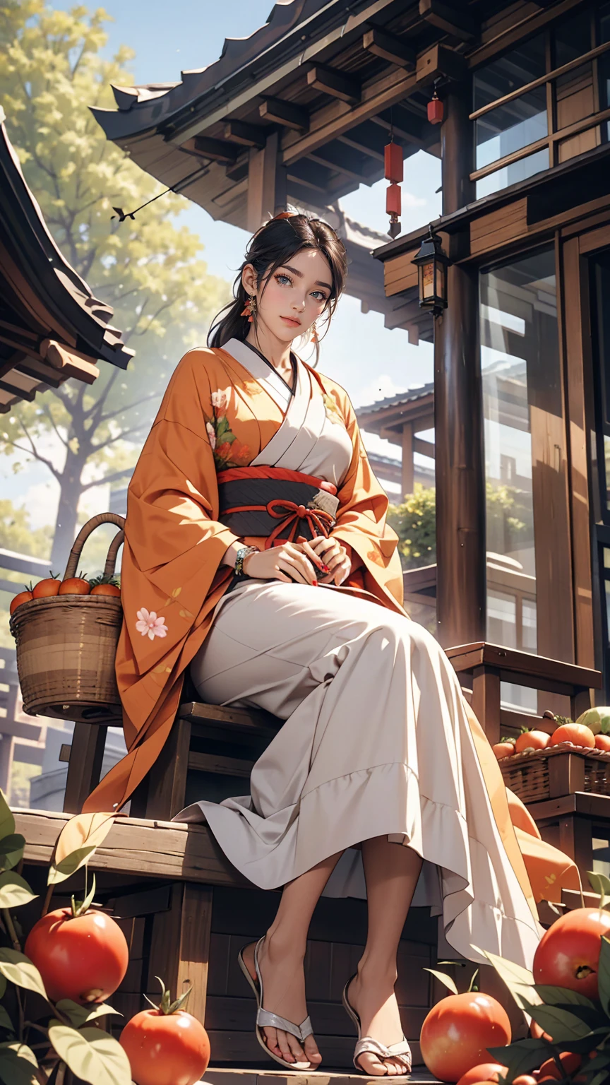 ((最high quality, 8k, masterpiece: 1.3, Ultra HD, high quality, 最high quality, High resolution, realism)) 、A stunningly beautiful 22-year-old Japanese woman、Hair color is black、black eye、Medium Hair、Straight hair、smile、thin、Wear accessories on your wrist、Wearing red nail polish、Get a pedicure、Sitting on the balcony of a rural Japanese house、summer、Wind chimes are hanging from the eaves.、barefoot、On the balcony there is a basket full of tomatoes and carrots...、The basket is made from woven bamboo strips..、There is a courtyard in front of the balcony.、There is a well with a hand pump in the courtyard..、smile