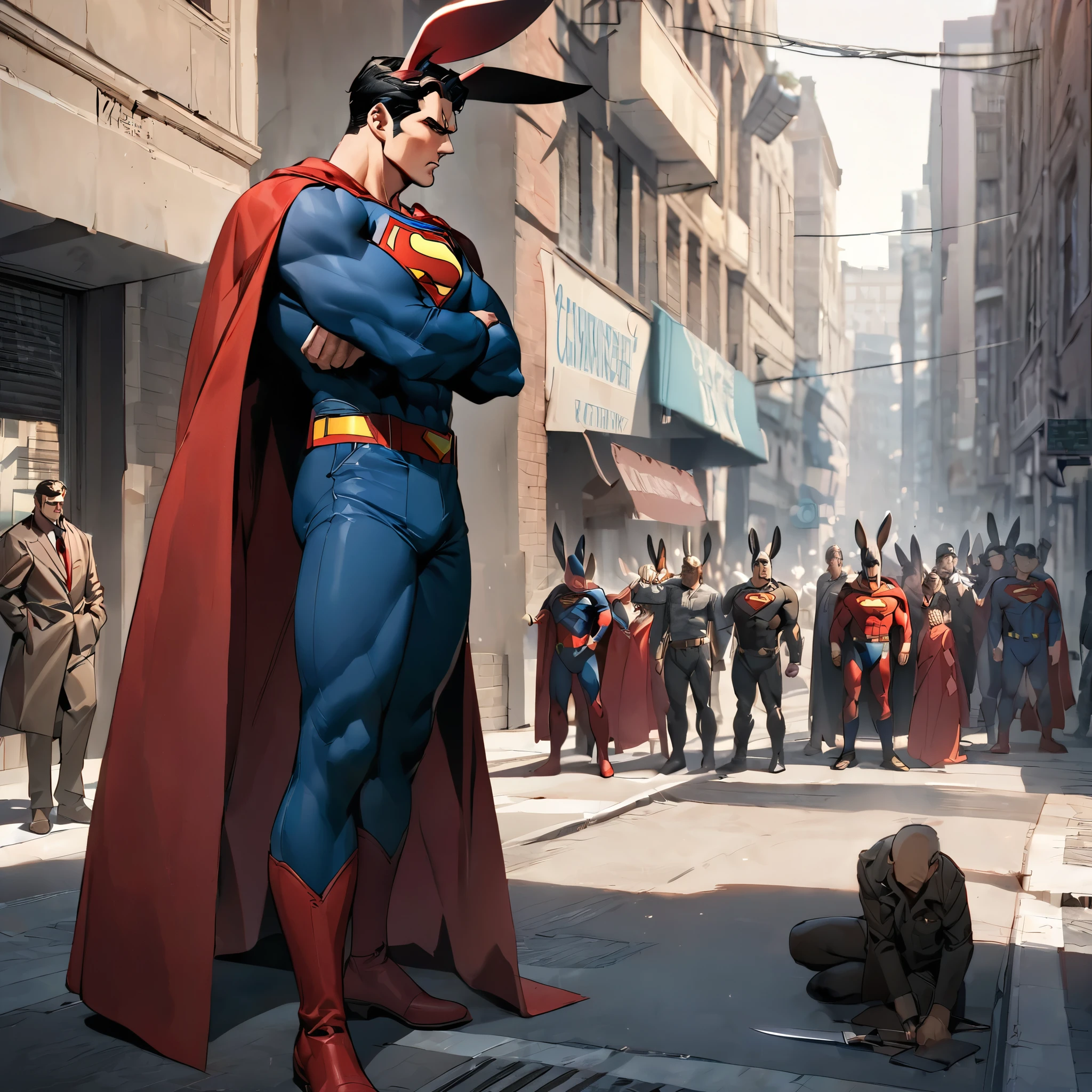 (bunny ear),Superman, the guardian wearing a red cloak, appears in the city today with a special image of wearing rabbit ears. With extraordinary power, he upholds justice and mercilessly punishes criminals. On the street, he quickly subdued the thief who threatened innocent passersby with a knife and warned him to reform. Superman, the guardian of this city, has won people's respect and admiration for his kindness and justice. Superman, Rabbit Ear, presides over justice, punishment, criminals, red cloaks, extraordinary power, city, streets, shadows, thieves, sharp knives, innocent, passersby, uniform, admonition, reform, police, education, young people, patrols, guardians, tall and sacred,(masterpiece, best quality:1.2)