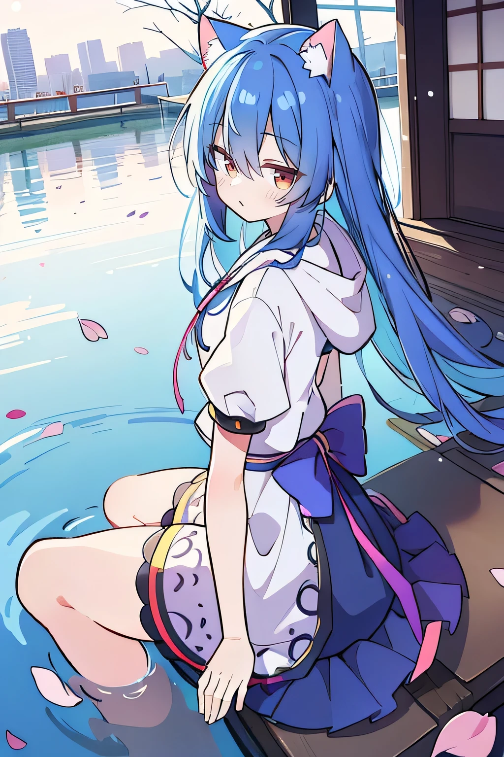 （masterpiece：1.2），Super detailed，lifelike，Expressive eyes，fair skin，perfect face shape，1 girl，
Japanese comics,Gorgeous blue hair,flowing blue hair,flowing clothes,Cat ears,Petals fall,beautiful lola,Baby Angel,
Shaking head with one hand，Cross your legs，Gentle and peaceful background，The pavilion is cool and comfortable,smile, wearing hoodie, background of tokyo,back views,snowing, winter,lie on the water. 