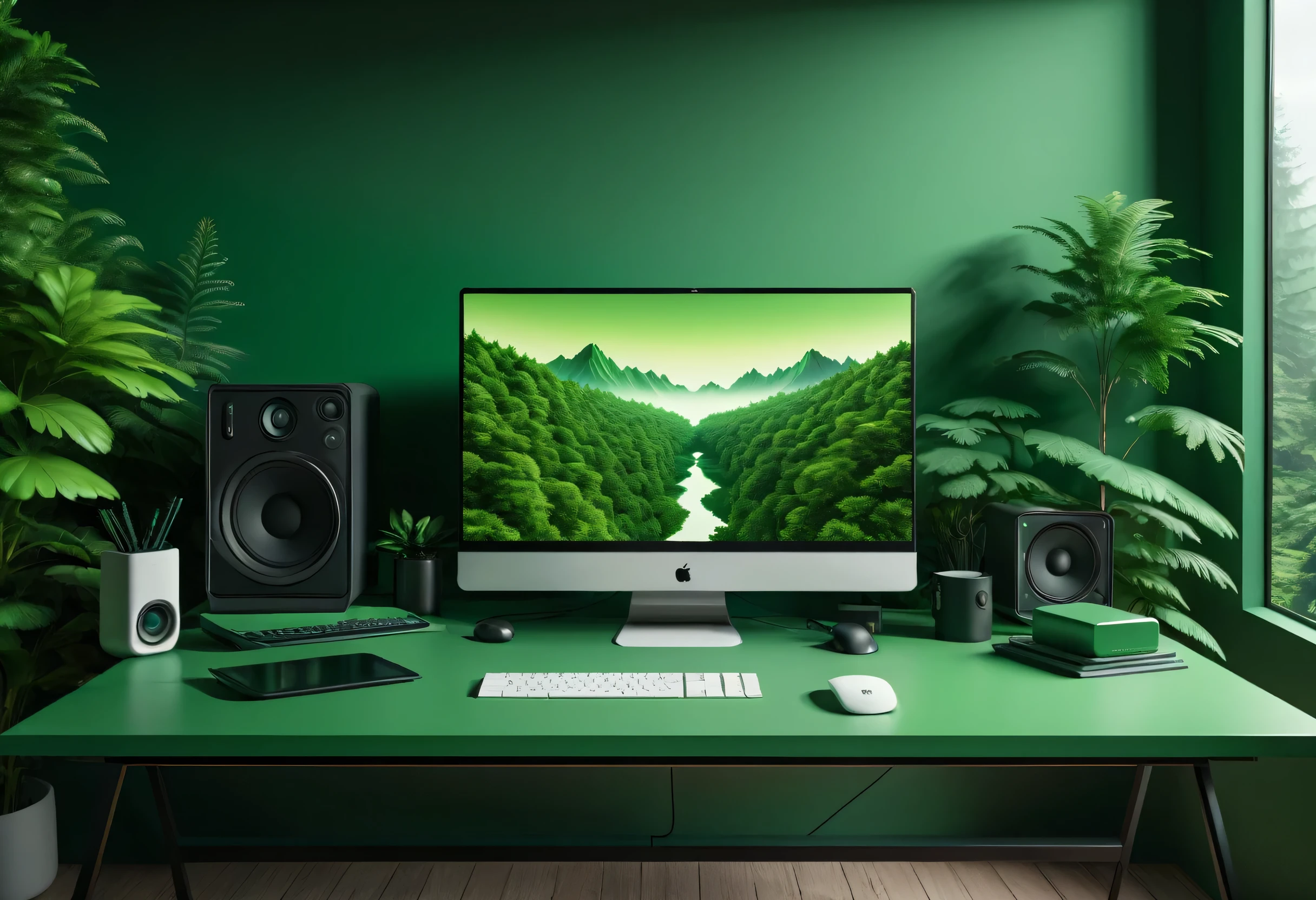 A stunning 3D artwork of a computer setup with a Green Forest color palette on a minimalist desk, situated within an otherworldly, surreal landscape, embracing snapshot realism and y2k aesthetic.