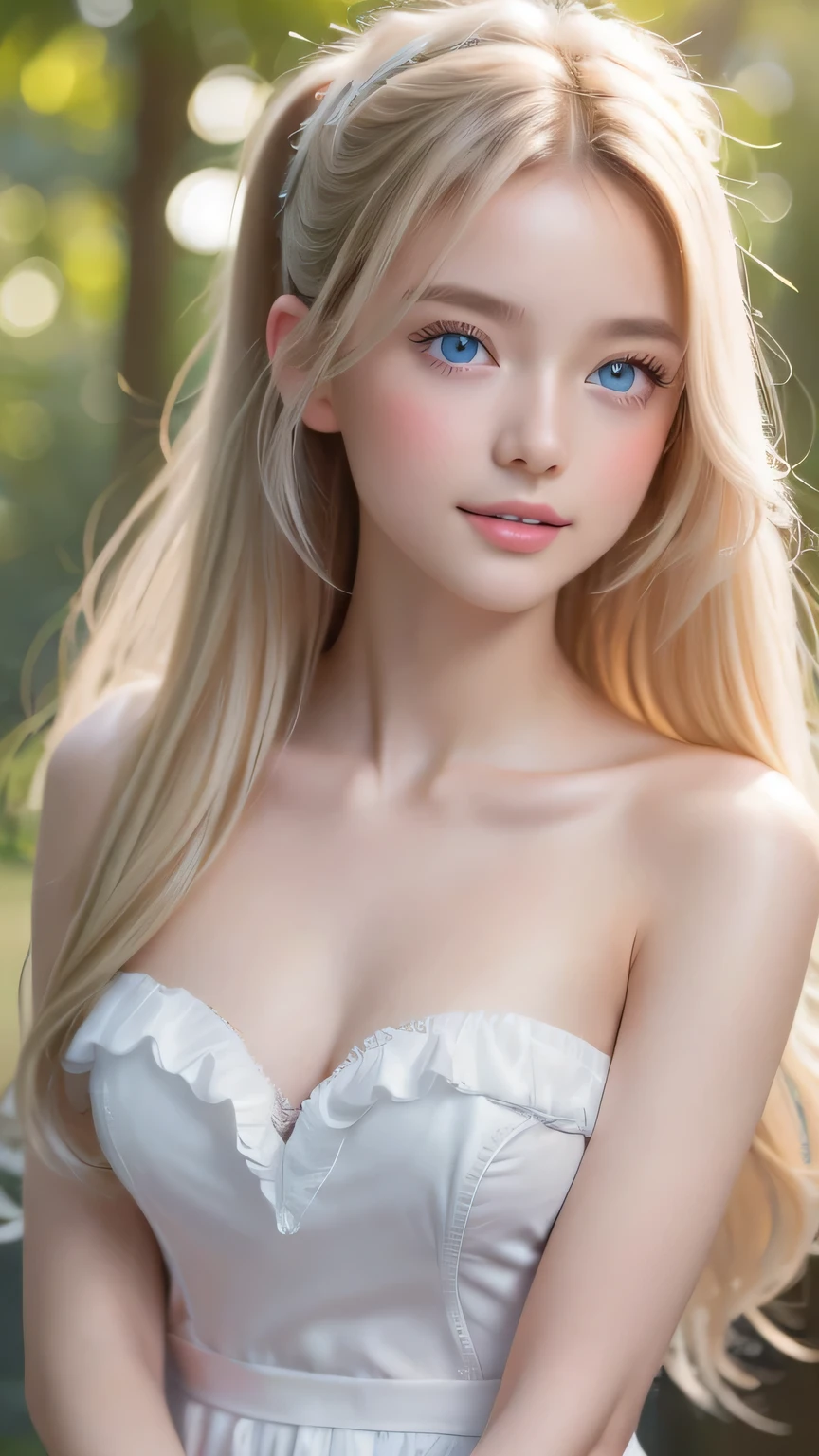 masterpiece、highest quality、High resolution、Highly detailed photos、Professional Lighting、(((Upper body naked)))、Strike a Pose、Sexy maid in the magical forest、The frilly apron must be worn on the lower body only、Portrait、Bright expression、Young shiny glossy white glossy skin、Great looks、Blonde reflection、Platinum blonde hair with dazzling highlights、Shiny bright hair,、Smooth, super long, straight hair、Shiny beautiful bangs、Sparkling, crystal clear, attractive big blue eyes、Very beautiful lovely cute 22 year old girl、Ample Bust、ponytail、Cowboy Shot、Photorealistic