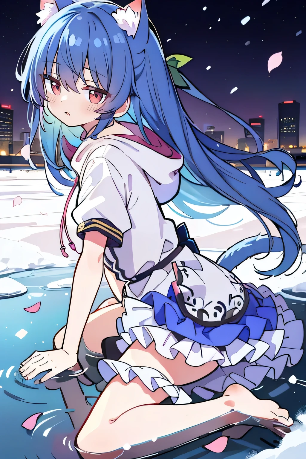 (masterpiece:1.2),Super detailed,lifelike,Expressive eyes,fair skin,perfect face shape,1 girl,
Japanese comics,Gorgeous blue hair,flowing blue hair,flowing clothes,Cat ears,Petals fall,beautiful lola,Baby Angel,
Shaking head with one hand,Cross your legs,Gentle and peaceful background,The pavilion is cool and comfortable,smile, wearing hoodie, background of tokyo,back views,snowing, winter,lie on the water.