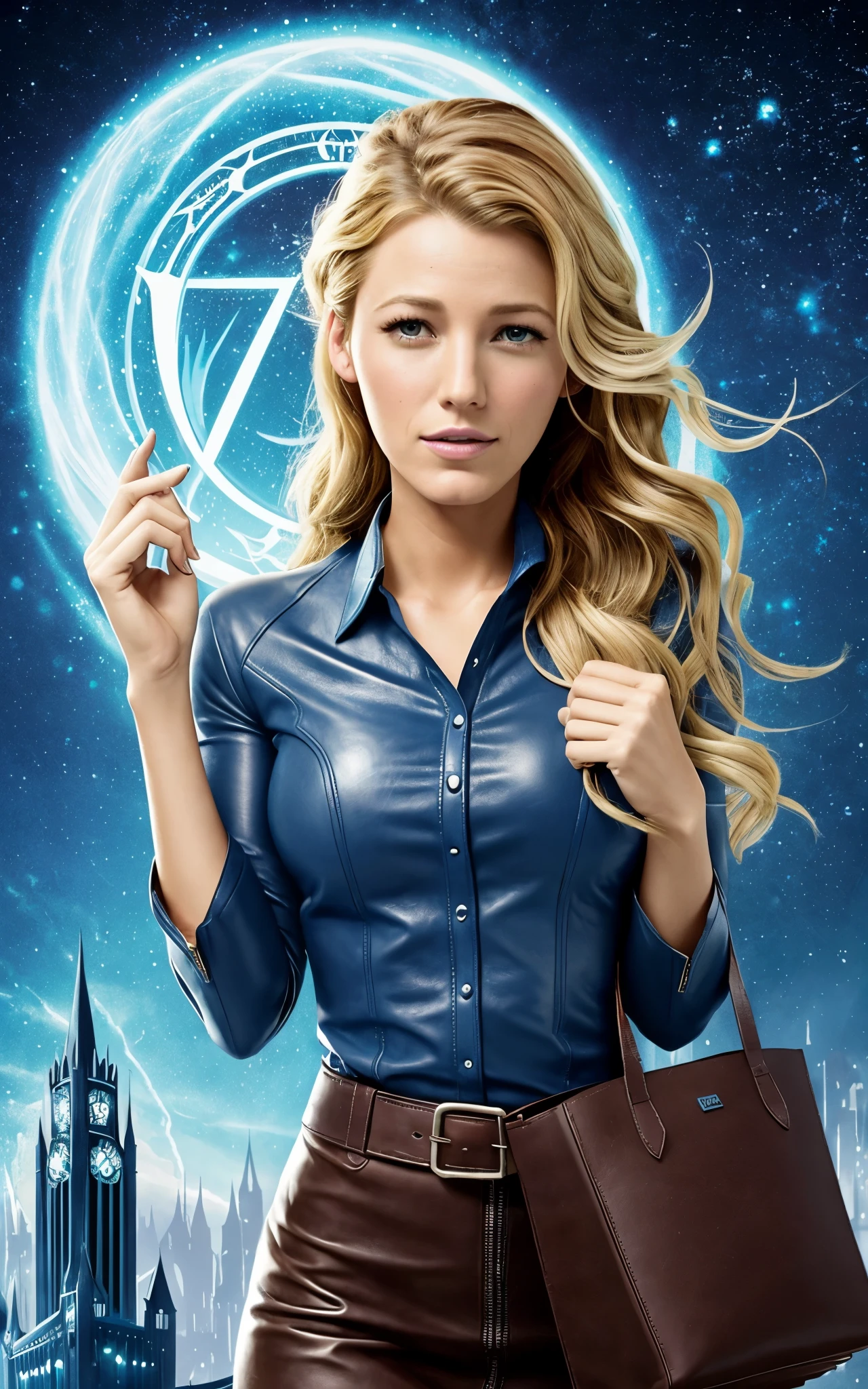 (Blake Lively:Elsa Pataky) is a librarian grabbing a book with strange symbols in the cover, (leather tote bag) . ((Blue shirt with white neck)) , Lovecraft atmosphere, 1920 style, masterpiece. 