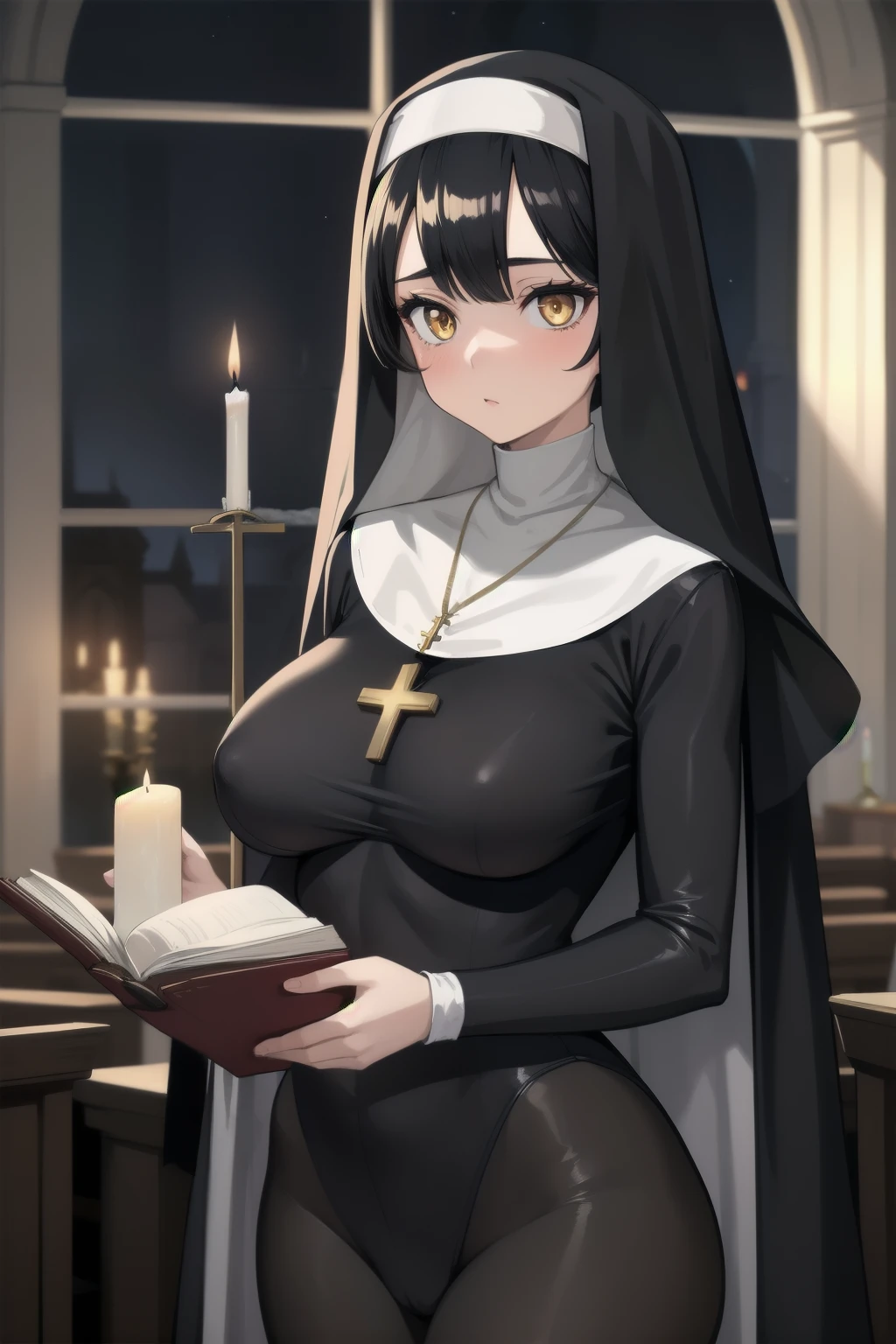 masterpiece, best quality,1girl, (breasts:1.1)sagging breasts, black hair, gold eyes ,nun, church ,cross necklace ,bodysuit ,shiny cloth ,holding book. night,Candle