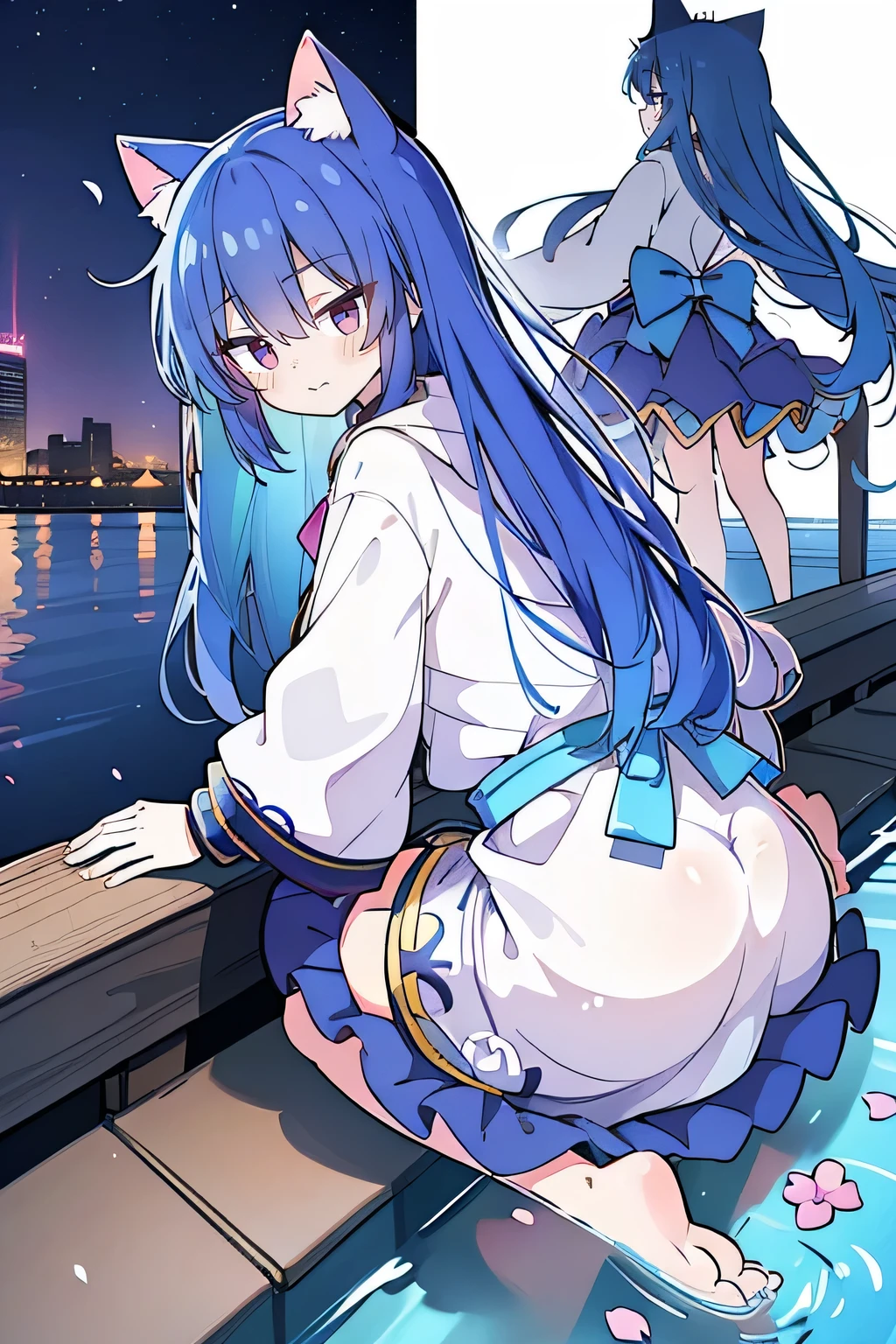 (masterpiece:1.2),Super detailed,lifelike,Expressive eyes,fair skin,perfect face shape,1 girl,
Japanese comics,Gorgeous blue hair,flowing blue hair,flowing clothes,Cat ears,Petals fall,beautiful lola,Baby Angel,
Shaking head with one hand,Cross your legs,Gentle and peaceful background,The pavilion is cool and comfortable,smile, wearing hoodie, background of tokyo,back views,snowing, winter,lie on the water.