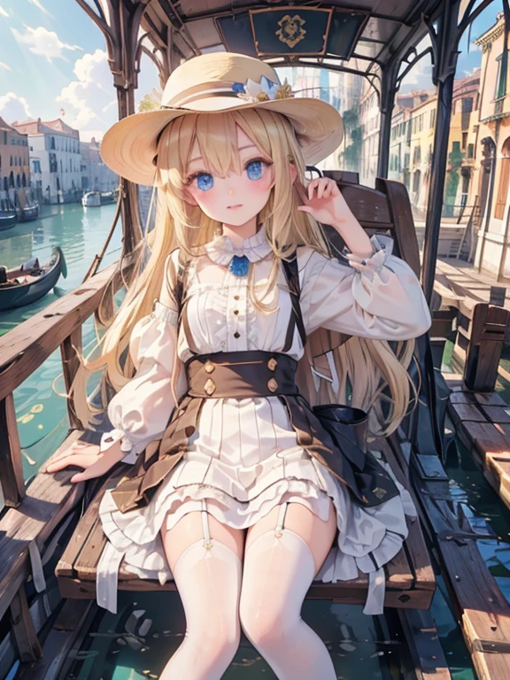 masterpiece, highest quality, Very detailed, 16k, Ultra-high resolution, 8-year-old girl, Detailed face, Perfect Fingers, blue eyes, Blonde, Long Hair, Wide-brimmed feathered hat, Gorgeous white blouse, Luxurious brooches, flare skirt, White garter belt, White High Knee Socks, Enamel shoes, SZ_4po enviroment, Venice cityscape, Waterway, (Girl rides in a gondola:1.3)