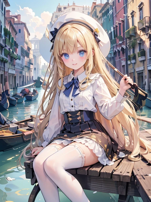 masterpiece, highest quality, Very detailed, 16k, Ultra-high resolution, 8--old l, Detailed face, Perfect Fingers, blue eyes, Blonde, Long Hair, Wide-brimmed feathered hat, Gorgeous white blouse, Luxurious brooches, flare skirt, White garter belt, White High Knee Socks, Enamel shoes, SZ_4po enviroment, Venice cityscape, Waterway, (Girl rides in a gondola:1.3)