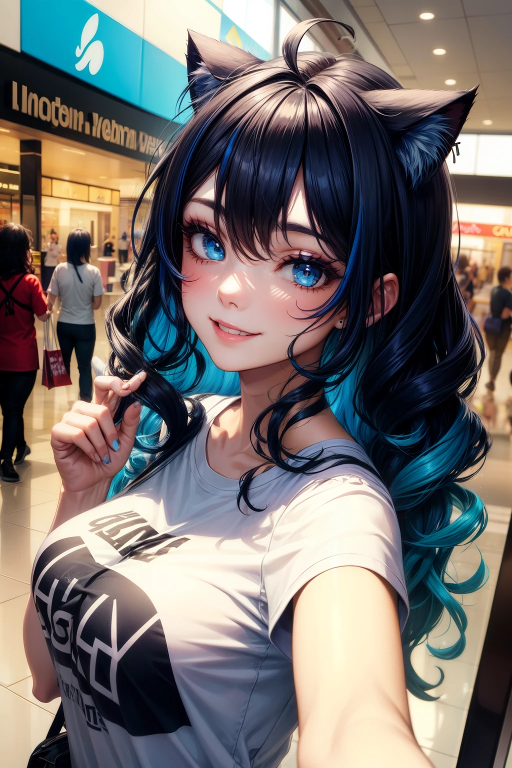 selfie, hair behind ear, makeup, dark blue hair, blue hair, black hair, blue and black gradient hair, messy hair, wavy hair, cat ears, long hair, blue eyes, mall, shopping centre, smile, breasts, tshirt