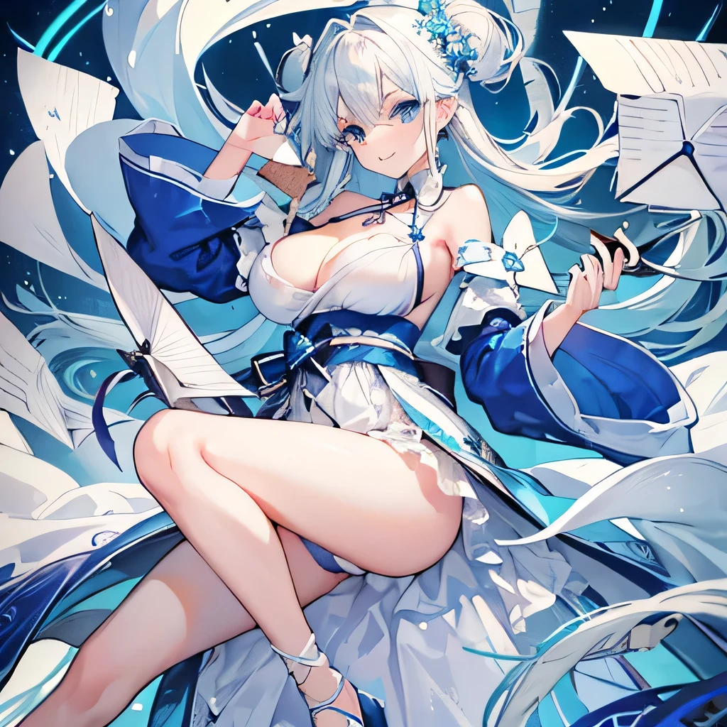 Masterpiece,High Quality: 1.2,(1 girl),Cute,Full Length,(Smile:1.3),(Gentle Face:1.3),(Long Blue White Hair:1.3),((Twin Half-Up Hairstyle:1.5)),Messy Hair,(Big Tits:1.2),Shoulders Out,Clear Eyes,(Blue Eyes:1.3),(Perfectly Detailed Eyes:1 .3), blue kimono, clothes, aristocratic dress, dynamic angles,(feminine:1.4),(beautiful:1.4),(attractive:1.3),(holding a letter:1.4),(letter:1.4))