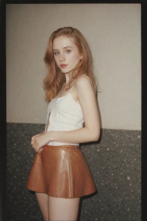 Irish), (swiss) and (Czech), 19 year old pale skin, voluminous strawberry blonde hair ,beauty, beautiful girl, thin, skinny, small breasts ,polaroid 600 instant camera, ((candid shots)), ((candid pictures)), small mini skirt, leather jacket, tank top underneath, large boots,