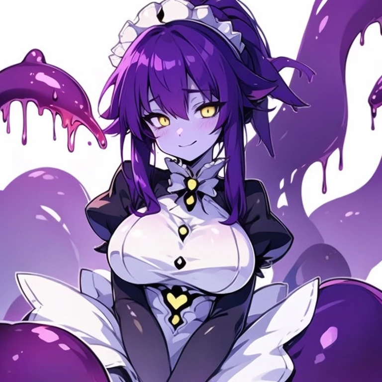 Masterpiece, best quality, expressive eyes, perfect face, 1girl, solo, monster girl, colored skin, maid headdress, maid, yellow eyes, purple hair, slime girl, breasts, smile, ponytail, bedroom background, long hair, looking at viewer, room background, smile, apron,sh0ggoth, 