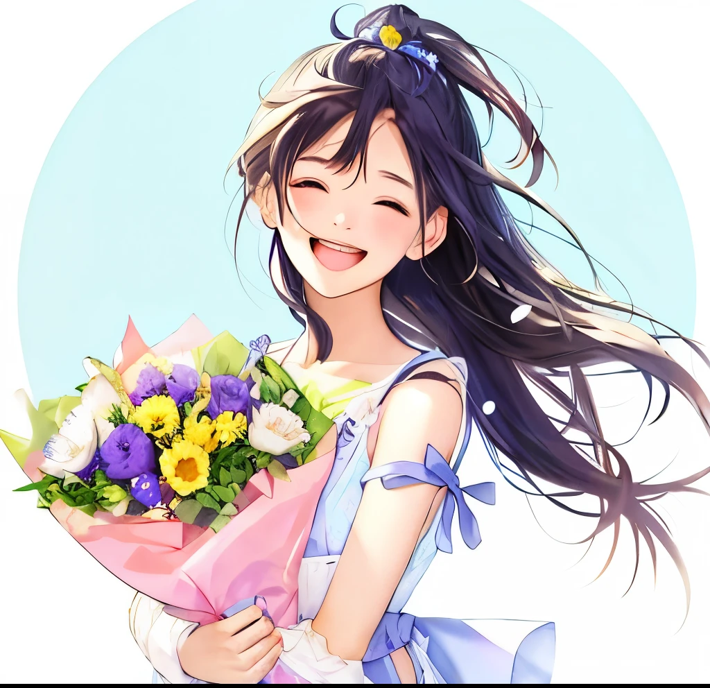 Anime girl With flowers in her hands,With a smile, With flowers, She expressed her joy, Beautiful and smiling, Laugh gently, Cute smile, 美しいWith a smile, Middle Metaverse, by ヤン・J, happy and bright look, And she laughs,very happy, Guviz style artwork,