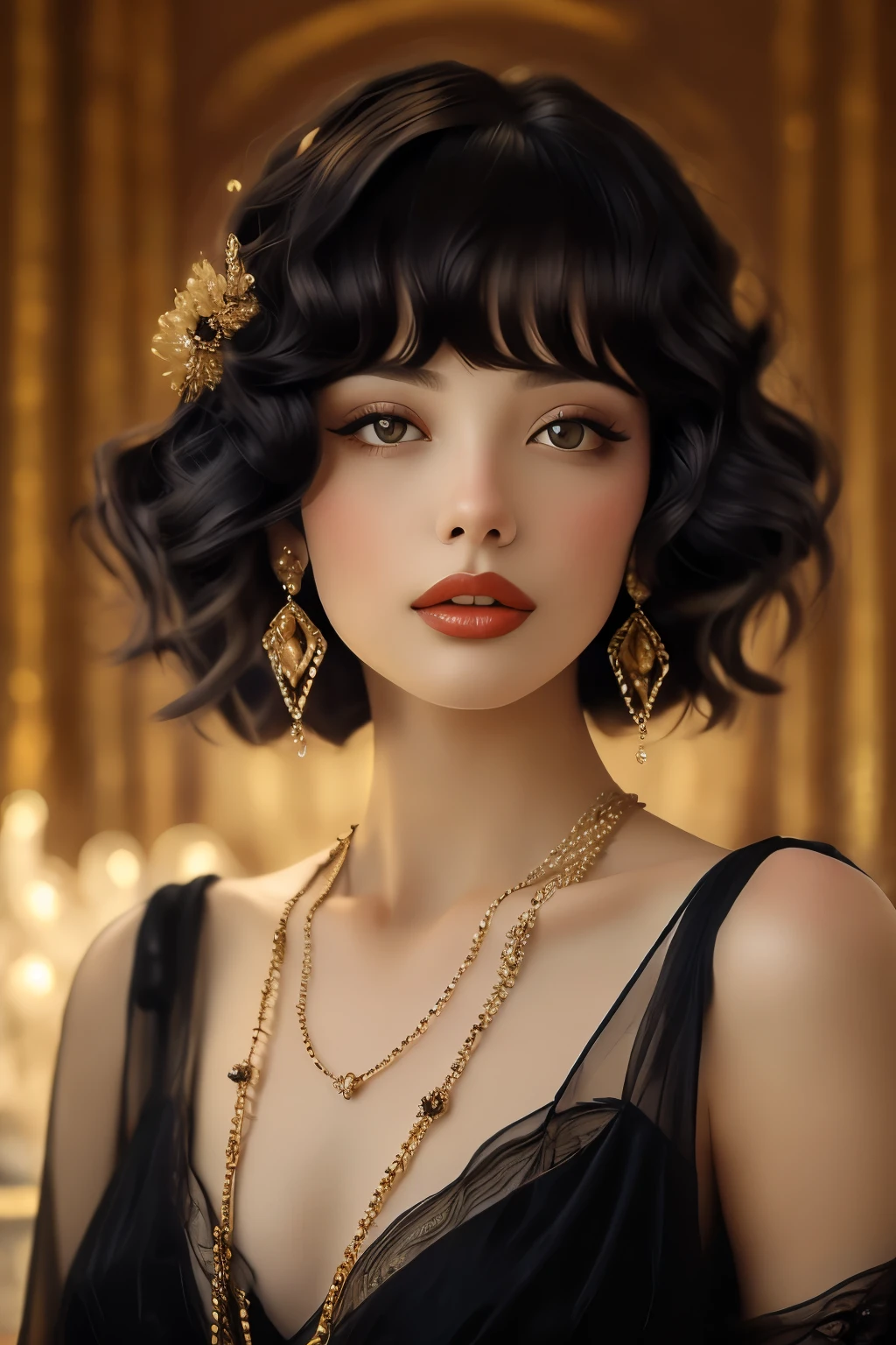 (masterpiece, best quality:1.2),bellissima, realistic, xcharleston style, 1girl, short hair, black hair, 1boy, dress, jewelry, earrings, blunt bangs, black dress, makeup, formal, suit, realistic