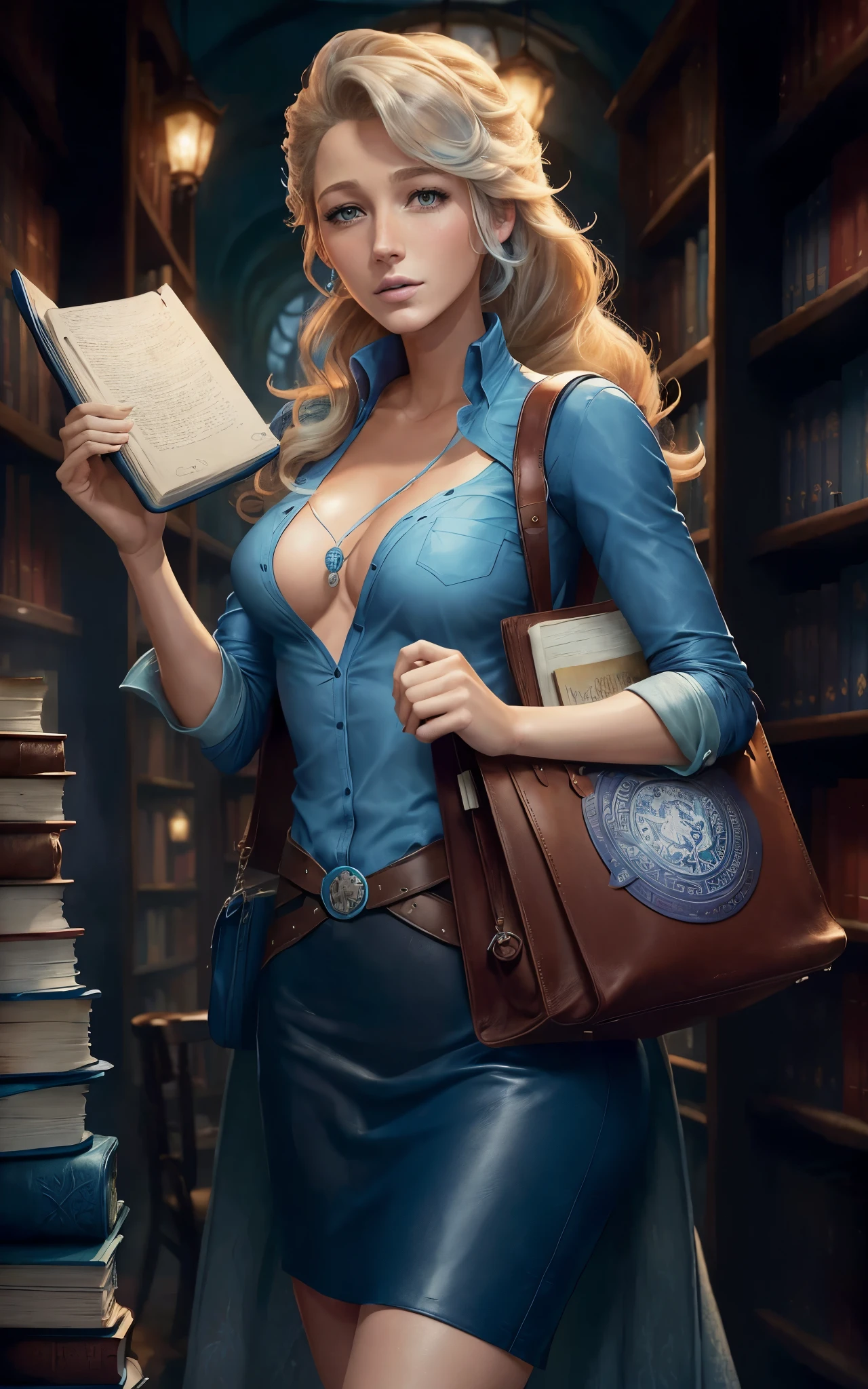 (Blake Lively:Elsa Pataky) is a librarian grabbing a book with strange symbols in the cover, (leather tote bag) . ((Blue shirt with white neck)) , Lovecraft atmosphere, 1920 style, masterpiece.