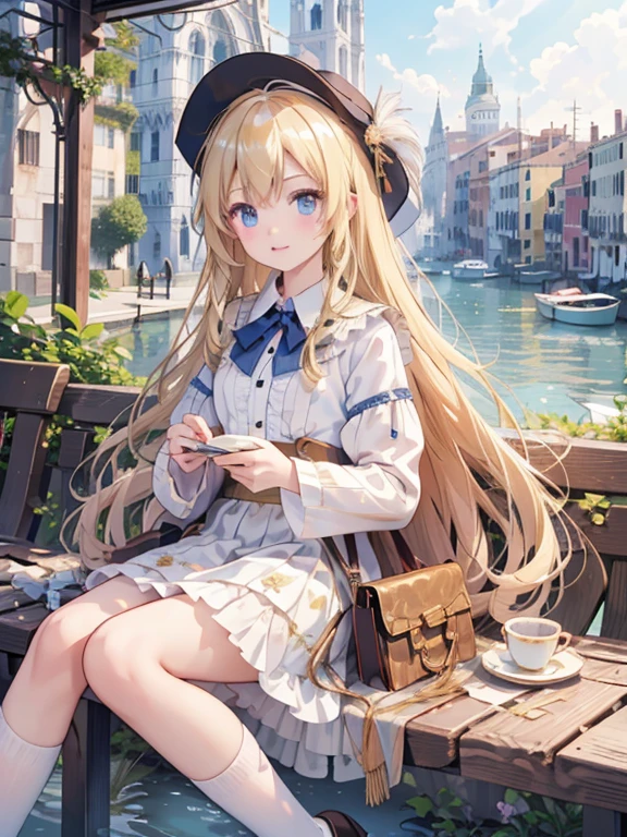 masterpiece, highest quality, Very detailed, 16k, Ultra-high resolution, 8-year-old girl, Detailed face, Perfect Fingers, blue eyes, Blonde, Long Hair, Wide-brimmed feathered hat, Gorgeous white blouse, Luxurious brooches, flare skirt, White High Knee Socks, Enamel shoes, SZ_4po enviroment, Venice cityscape, Waterway, gondola, (少女はgondolaに乗る:1.3)