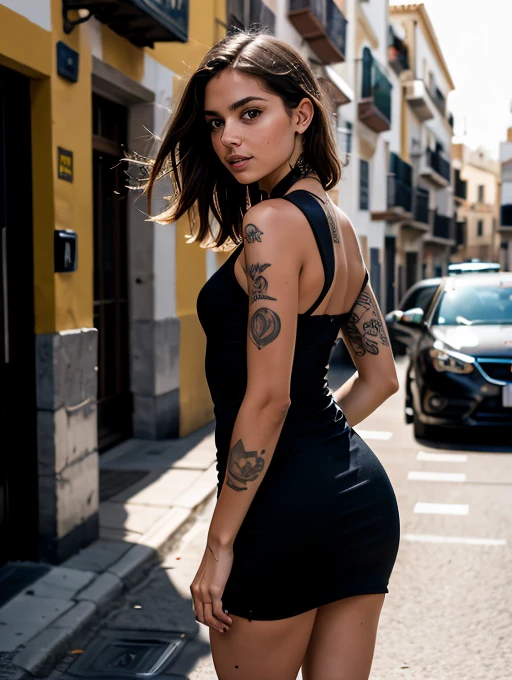 foto cruda, Fashion photo of a young Spanish woman., pelo largo y negro, vestido rojo, escote profundo, and a tattoo on the arm with the name Juanito Ferrufino on the streets of Spain, Sunlight passes through the hair, cinematic photo,