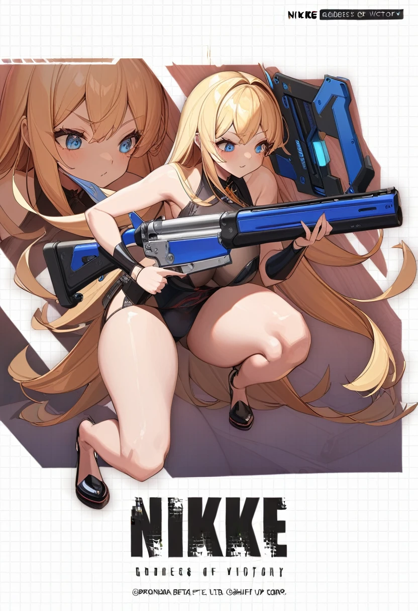 1girl, IncrsNikkeProfile, full body, zoom layer, holding weapon, holding gun, one knee, glamorous、Giga Bust, owoface、Blonde、Long Hair、blue eyes、Revealing clothing、Glowing Skin