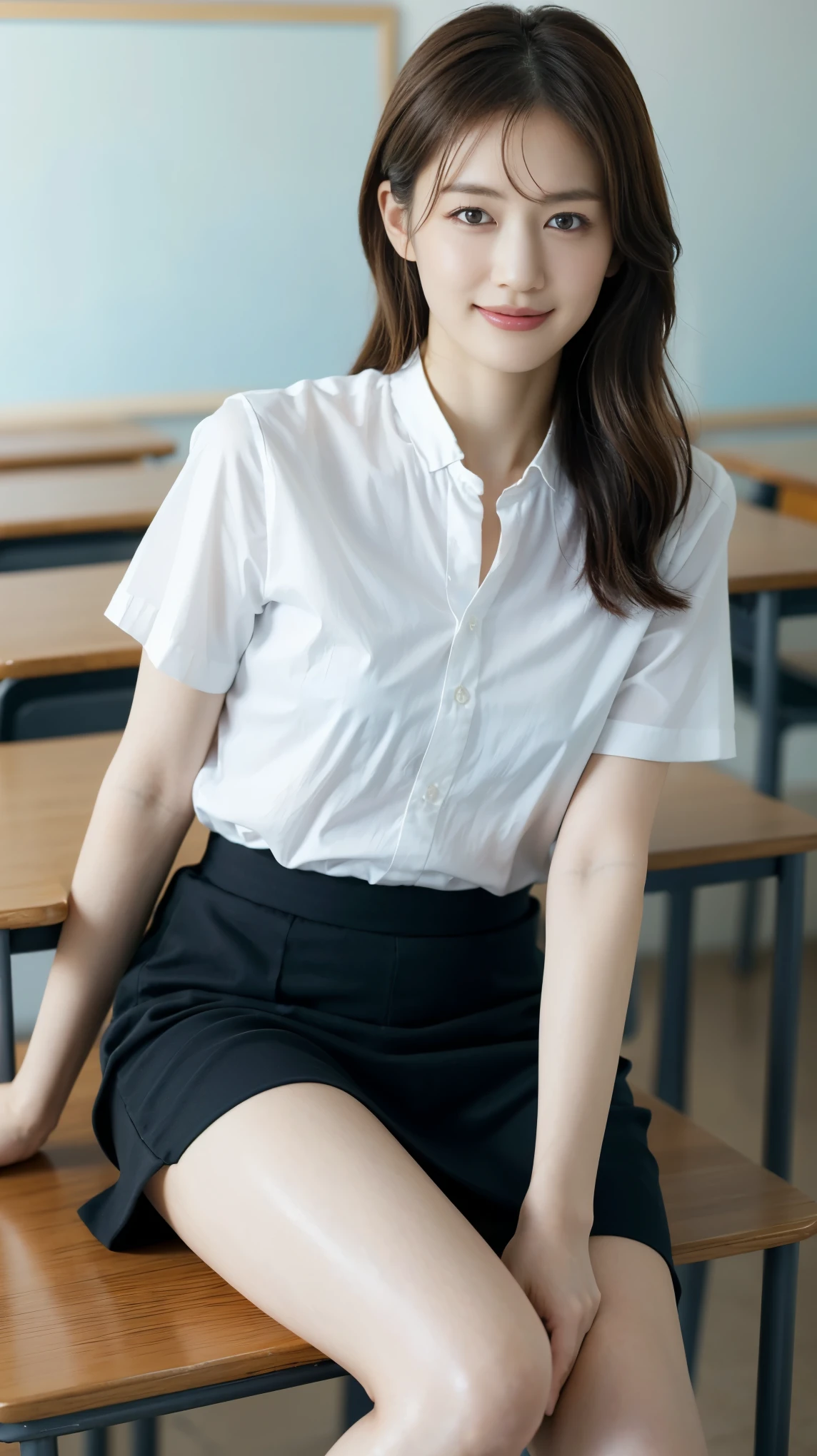 ((masterpiece)), ((highest quality)), ((High resolution)), ((Highly detailed CG Unity 8k wallpaper)), alone, tachibana kanade, Black Skirt, White socks, A small smile, classroom