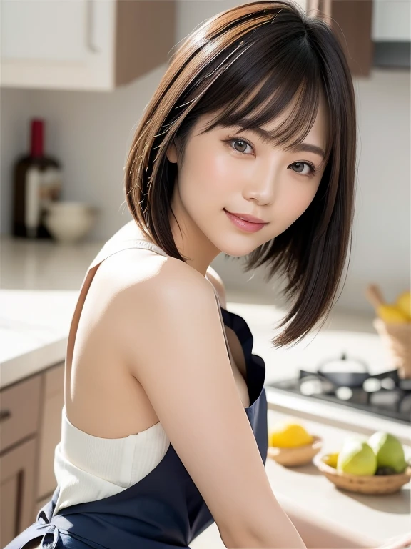 (Best quality: 1.5), (Real: 1.5), (1 person: 1.5), Medium shot, (Highly detailed), (High resolution), 8k, Medium , Natural colored lips, Japanese woman, 24 old girl, thin eyebrows, beautiful and graceful features, cute face, arched thin eyebrows, (large, balanced eyes), big eyes, fair skin, beautiful and graceful features, natural bangs, beautiful and thin nose, beautiful skin , medium bob hair, natural bangs, perfect and beautiful facial features, slim face and figure, (bright lighting), professional lighting, (frontal lighting), beautiful cleavagl, cute and sexy 24 old wom slim Japanese woman, fair skin, (cute smile), (medium chest), In the kitchen, Wearing a naked apron, (NAKEon), (naked anring only an ap Beautiful breasts,