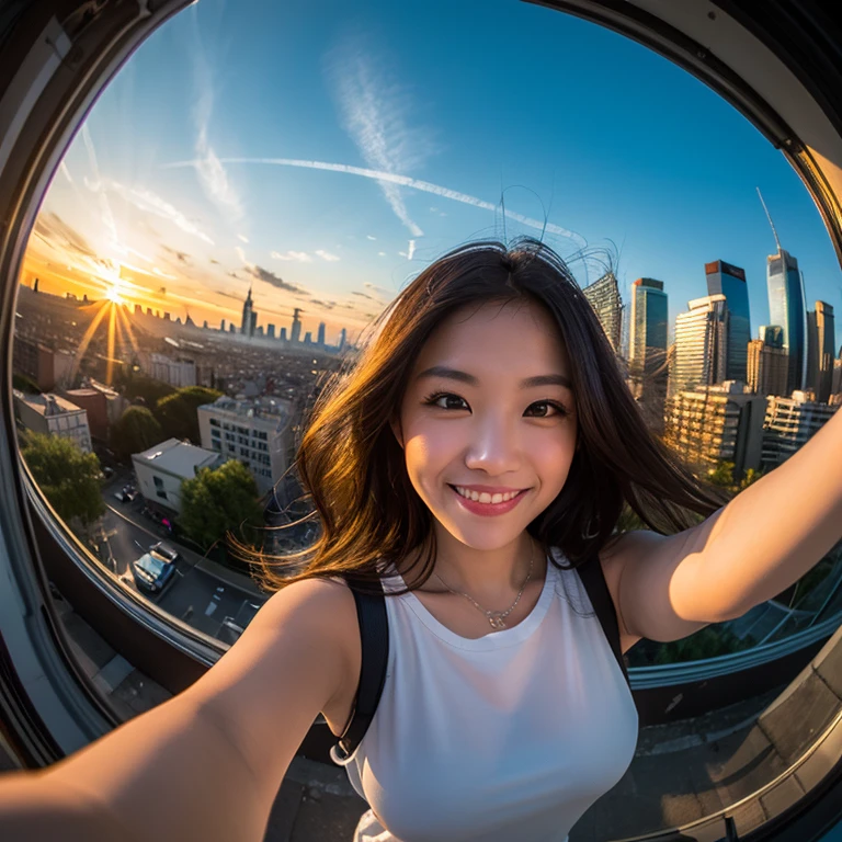 One girl, Fisheye Lens, Selfie, Wind, Messy Hair, sunset, Cityscape, (Aesthetics and atmosphere:1.2),smile