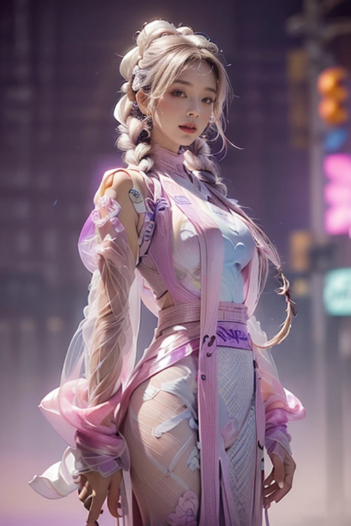 highest quality, Very detailed, masterpiece,((Two women posing)),(((Perfect female body))),Very beautiful face, Very beautiful body,Gentle expression, Very beautiful eyes,(Perfect Makeup:1.1),Fashion Model,Cyberpunk Fashion,Cinematic Light,Curly Hair,Shaggy Hair, (Drifting in the Wind,White and purple gradient long braided chignon hair:1.5),very thin body,Smart Abs,(Monogram pattern:1.3), (((Various patterns,Pink and blue gradient,See-through Bolero,Colorful racing suits:1.3))),anklet,Tech High Top Sneakers,A kind smile,Full body portrait,(Night in Cyber City), (Shiny skin),(Earrings),Long scarf with elegant pattern,Neon long shawl,Digital Feather,Lots of LED sign lighting,