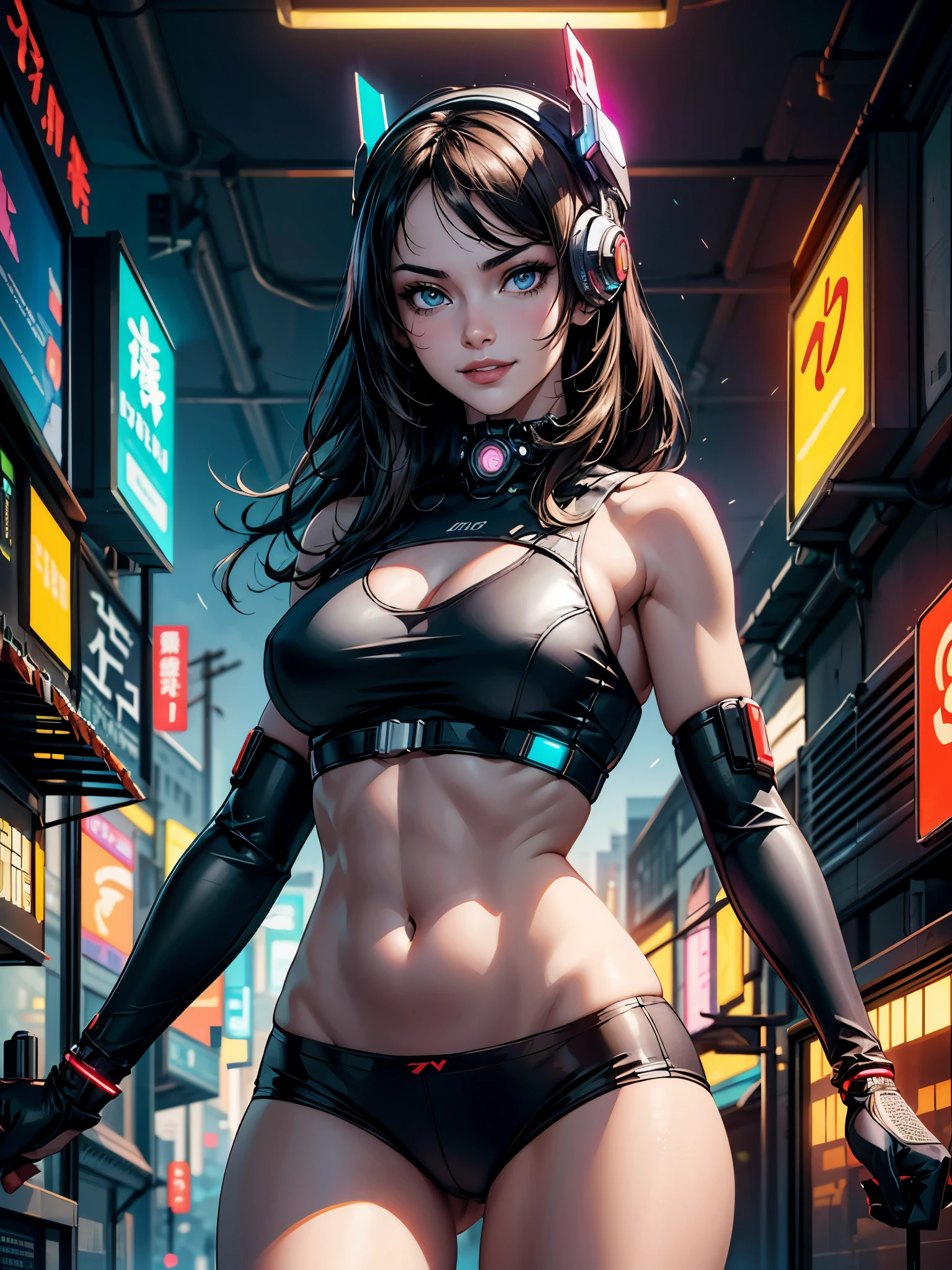 beautiful cyberpunk girl wearing a futuristic head mounted display, (finely detailed skin), pale skin, (in a deep neckline highly detailed sexy futuristic cyberpunk black crop top and underpants made of circuit boards, cybernetics, japanese words with a flare effect, beautiful epic composition, futuristic, masterpiece, sensual, appealing, posing for a photo, smirk, sultry look, seductive,