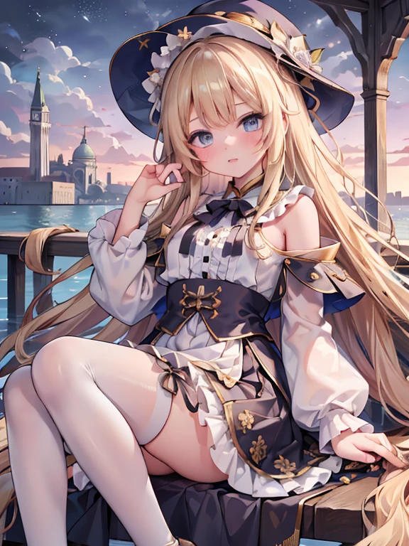 masterpiece, highest quality, Very detailed, 16k, Ultra-high resolution, 8-year-old girl, Detailed face, Perfect Fingers, blue eyes, Blonde, Long Hair, Wide-brimmed feathered hat, Gorgeous white blouse, Luxurious brooches, flare skirt, White High Knee Socks, Enamel shoes, SZ_4po enviroment, Venice cityscape, Waterway, gondola, (少女はgondolaに乗る:1.3)