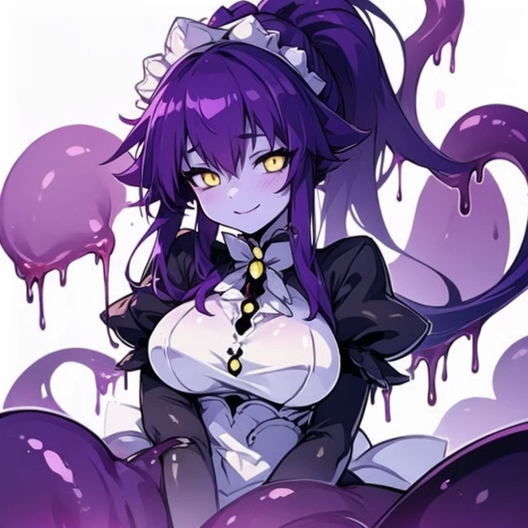 Masterpiece, best quality, expressive eyes, perfect face, 1girl, solo, monster girl, colored skin, maid headdress, maid, yellow eyes, purple hair, slime girl, breasts, smile, ponytail, bedroom background, long hair, looking at viewer, room background, smile, apron,sh0ggoth, 