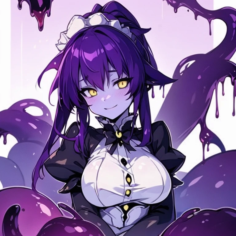 Masterpiece, best quality, expressive eyes, perfect face, 1girl, solo, monster girl, colored skin, maid headdress, maid, yellow eyes, purple hair, slime girl, breasts, smile, ponytail, bedroom background, long hair, looking at viewer, room background, smile, apron,sh0ggoth, 