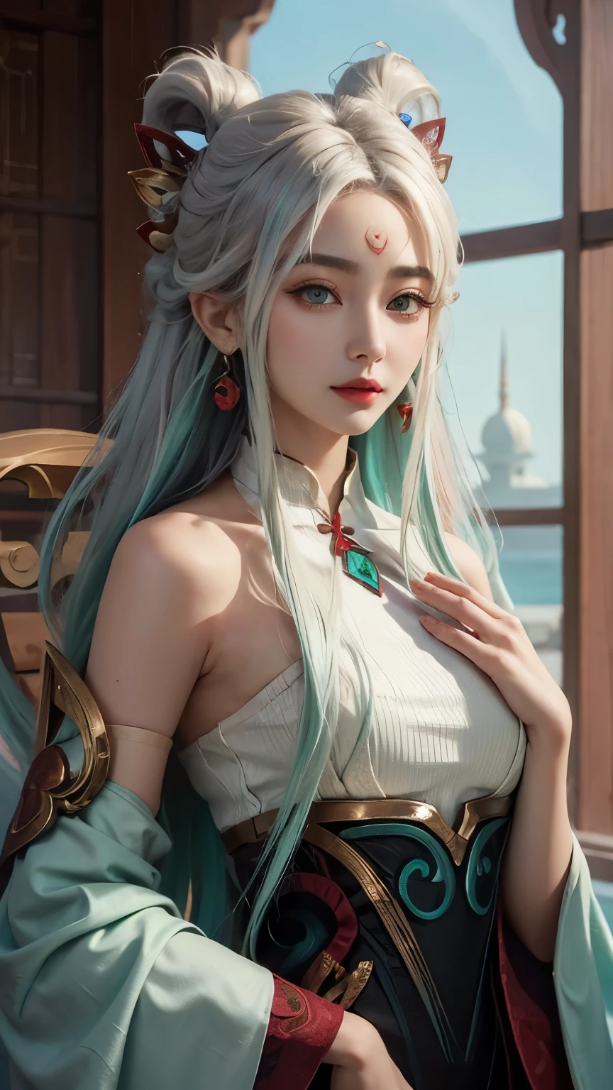 (masterpiece, best quality:1.2), intricate details, mythmaker irelia, 1girl, hair ornament, hair rings, bare shoulders, dress, detached sleeves, forehead mark, multicolored hair, white hair, earrings, green eyes, textured skin, looking at viewer, solo, light smile, (mature female:1.2)