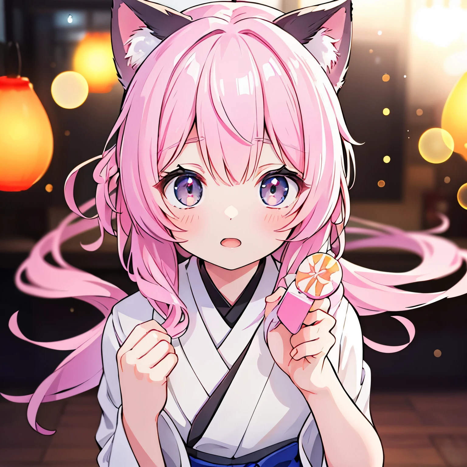 a Lovely Japanese cartoons girl with pink hair, black eyes, Height 150cm, white cat ears, Catwoman, Lolita style, (best quality,4k,8K,High resolution,masterpiece:1.2),Extremely detailed,(Practical,photoPractical,photo-Practical:1.37),HDR,Ultra HD,Studio Lighting,Super Fine,Clear focus,Physically Based Rendering,Extremely detailed的描述,professional,Bright colors,Bokeh,portrait,Japanese cartoons,Lovely,Kawaii,fantasy,magic,cute,elegant,beautiful,charming