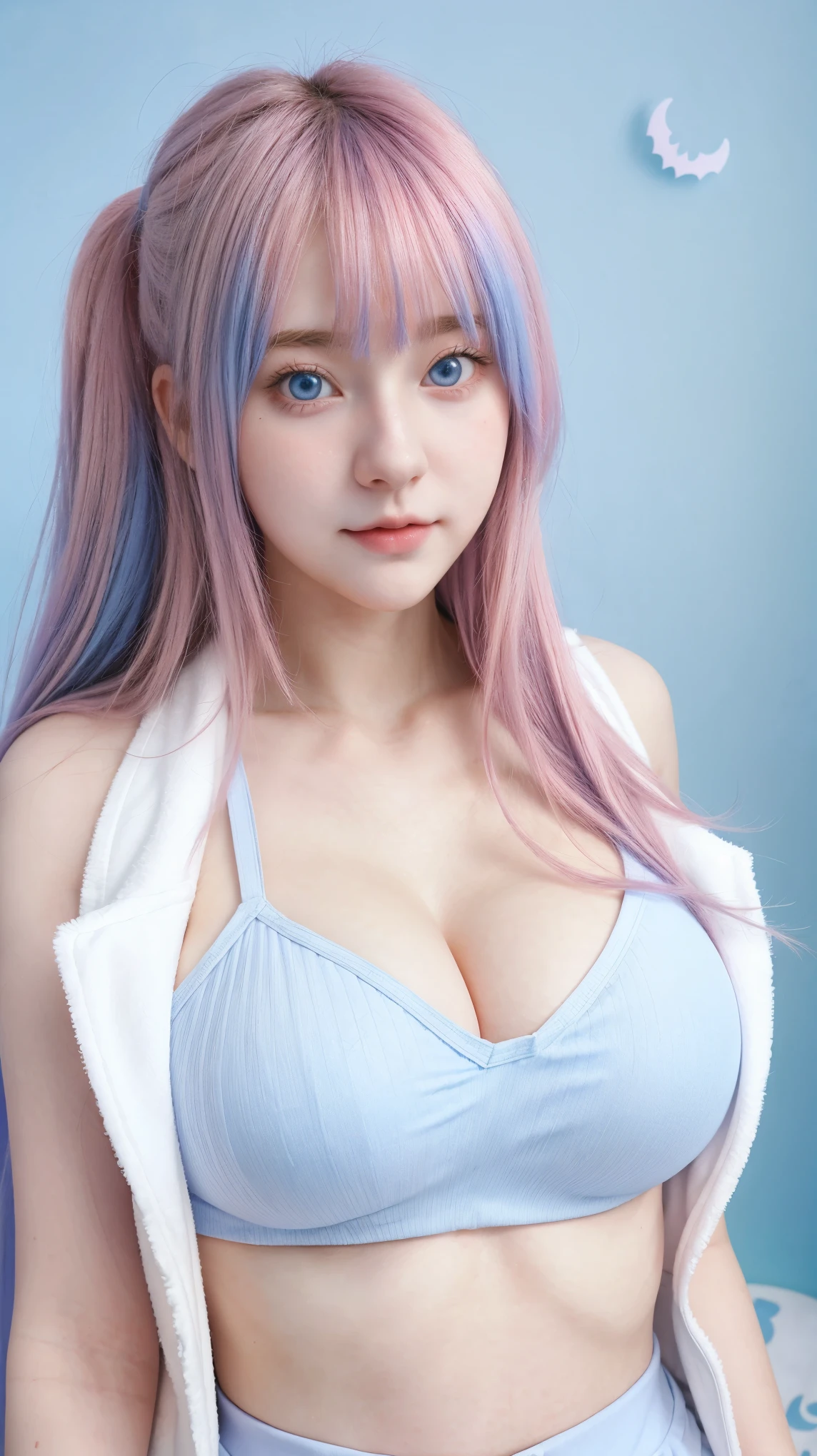 Gorgeus Girl, Beautiful, , 20 Years Old, White Skin, Colossal Breasts, ((Anime Cosplay Coatumes)), Pastel Colour, Blue Eye, Halloween Background, Masterpiece, Pink Hair, Sleeveless, Front Fancing, ((Potrait:1.1))