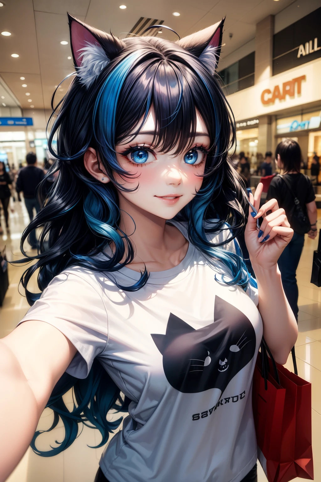 selfie, hair behind ear, makeup, dark blue hair, blue hair, black hair, blue and black gradient hair, messy hair, wavy hair, cat ears, long hair, blue eyes, mall, shopping centre, smile, breasts, tshirt